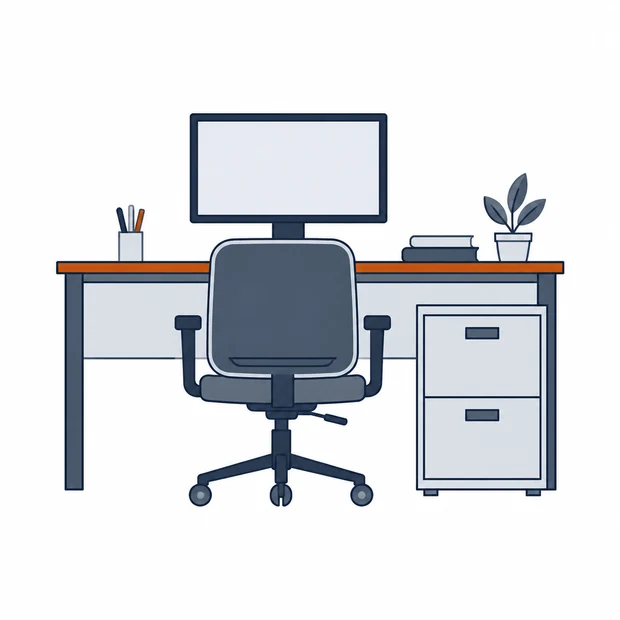 A writing desk with a monitor, a swivel chair and a two-drawer filing cabinet