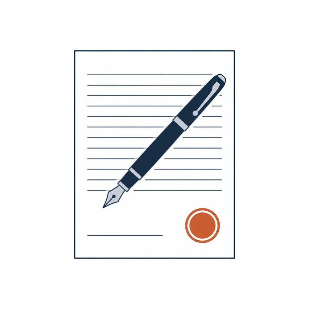 A ruled sheet of paper with a fountain pen across it and a stamp mark in the corner