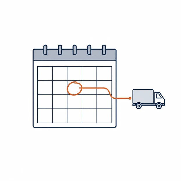 A calendar page with the moving day circled and a route line running to a moving truck